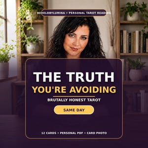 May include: A dark purple graphic overlay with white and yellow text reading BEHELDBYLUMINA PERSONAL TAROT READING, THE TRUTH YOU'RE AVOIDING, BRUTALLY HONEST TAROT, SAME DAY, and 12 CARDS PERSONAL PDF CARD PHOTO, positioned over a person.