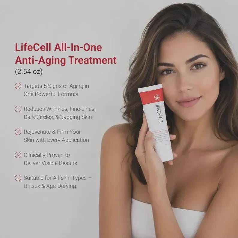 Op de afbeelding: Een vrouw houdt een tube LifeCell All-In-One Anti-Aging Treatment (71.9 g) vast. De tube is wit met rode accenten en het LifeCell-logo. De tekst benadrukt de voordelen van het product, zoals het verminderen van rimpels en het verstevigen van de huid. Geschikt voor alle huidtypen.