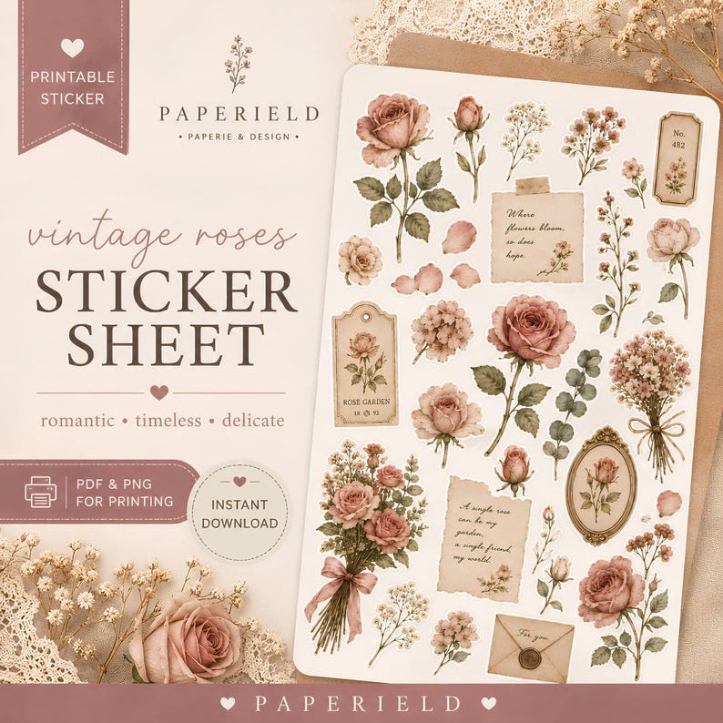 Vintage Roses Printable Sticker Sheet (PNG PDF Files) - Etsy