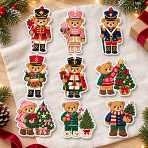 May include: A set of nine embroidered patches featuring brown teddy bears in various holiday outfits, including nutcracker uniforms, winter sweaters, and scarves, alongside Christmas trees, wreaths, and candy canes.