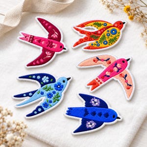 Folk Art Bird Embroidered Patches, Scandinavian Floral Iron On Badge, Boho Nature Applique, Colorful Animal Decal, Cottagecore Tote Bag Tag