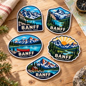 May include: Five embroidered patches featuring Banff National Park landscapes. Each patch displays snow-capped mountains, pine forests, and lakes with the text BANFF NATIONAL PARK. Designs include a red canoe, a cabin, and a sunrise.