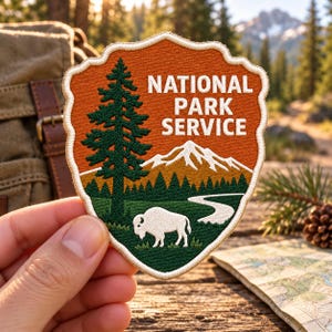 May include: A shield-shaped embroidered patch featuring the text NATIONAL PARK SERVICE in white. The design includes a dark green pine tree, a white snow-capped mountain, a winding white path, and a white bison on a green field with an orange sky.