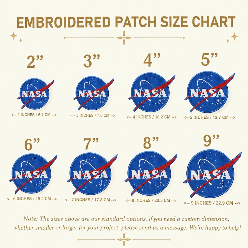 K&ouml;nnte beinhalten: Eine Gr&ouml;&szlig;entabelle f&uuml;r gestickte Aufn&auml;her mit acht runden, blauen NASA-Aufn&auml;hern mit Durchmessern von 5,1 cm bis 22,9 cm. Jeder Aufn&auml;her zeigt das wei&szlig;e NASA-Logo mit einem roten Bogen. Der Text gibt die Gr&ouml;&szlig;en in Zoll und Zentimetern an.