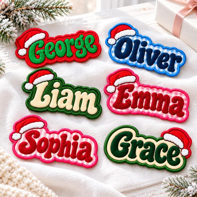 K&ouml;nnte beinhalten: Sechs bestickte Namensaufn&auml;her, jeweils mit einer Weihnachtsmannm&uuml;tze versehen. Die Aufn&auml;her zeigen die Namen George, Oliver, Liam, Emma, Sophia und Grace in verschiedenen Farben wie Gr&uuml;n, Blau, Creme, Rot und Pink auf kariertem Grund.