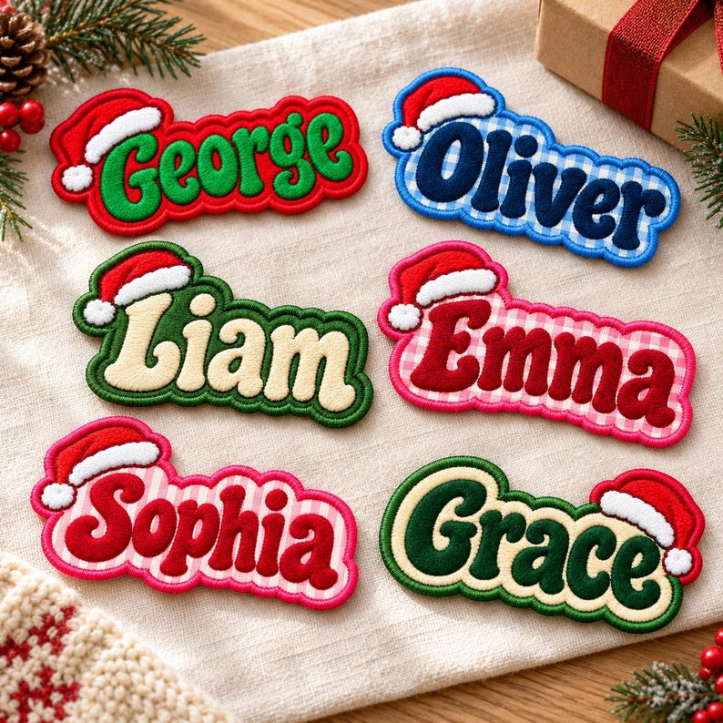 K&ouml;nnte beinhalten: Sechs bestickte Namensaufn&auml;her mit den Namen George, Oliver, Liam, Emma, Sophia und Grace. Jeder Aufn&auml;her hat einen gewellten Rand, ein rot-wei&szlig;es Weihnachtsmannm&uuml;tzen-Symbol und verschiedene Hintergrundmuster wie Unifarben, Vichy-Karo und Streifen.