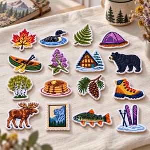 May include: A collection of sixteen embroidered patches featuring nature-themed designs including a maple leaf, a loon, a fern, a purple tent, a canoe, lilac flowers, a cabin, a black bear, birch trees, pancakes, a pinecone, a hiking boot, a moose, a stamp, a fish, and skis.