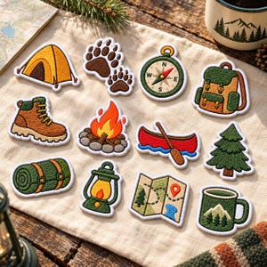 May include: A collection of twelve embroidered patches featuring outdoor themes including a yellow tent, brown bear paw prints, a compass, a green backpack, a brown hiking boot, a campfire, a red canoe, a pine tree, a green sleeping bag, a lantern, a map, and a green mug.