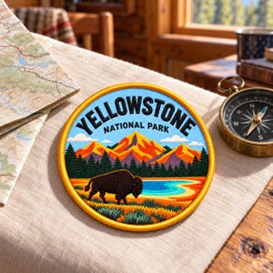 May include: A circular embroidered patch featuring a landscape of Yellowstone National Park. The design includes a brown bison in the foreground, a blue lake, a dense forest, and orange mountains under a light blue sky. The text reads YELLOWSTONE NATIONAL PARK.