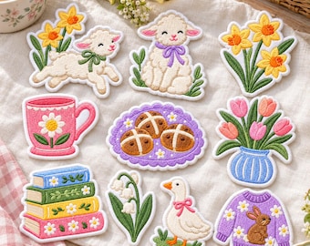 Spring Cottagecore Embroidered Patches, Easter Bunny Lamb Iron On Patch, Daffodil Flower Patch, Cute Spring Backpack Decor