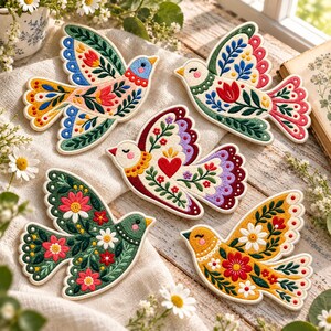 Floral Bird Embroidered Patches, Colorful Folk Art Bird Iron On Patch, Cottagecore Flower Bird Patch, Backpack Jacket Decor