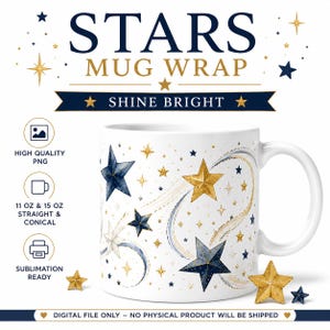 Stars Mug Wrap PNG | Blue Gold Celestial Sublimation Design (Digital Download)