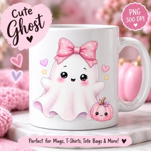 May include: A white ceramic mug featuring a graphic of a white ghost with a pink polka dot bow, rosy cheeks, and a small pink pumpkin. The text "Cute Ghost" and "PNG 300 DPI" appear in pink clouds, with "Perfect for Mugs, T-Shirts, Tote Bags & More!" below.