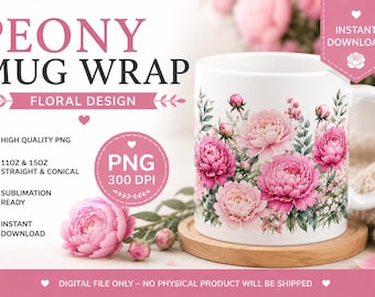 Pink Peony Watercolor Floral Mug Wrap PNG (Digital Download)