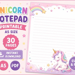 Może przedstawiać: Różowy notatnik z jednorożcem z napisem "UNICORN NOTEPAD PRINTABLE A5 SIZE 30 PAGES INSTANT DOWNLOAD". Notatnik ma liniowy układ strony z ilustracją jednorożca, tęczą i gwiazdami. Notatnik ma format A5.