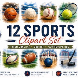 Può includere: Una collezione digitale di 12 immagini clipart sportive che include un pallone da calcio, basket, pallavolo, baseball, pallina da tennis, racchetta da ping pong, volano, palla da rugby, football americano, birilli, mazza da hockey e mazza da golf.