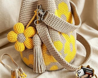 Bolso cubo floral tejido a mano, bolso de hombro de ganchillo estilo boho, bolso de playa para viajes