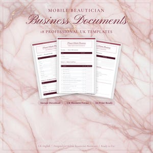 Puede incluir: Un conjunto de 18 documentos comerciales profesionales para esteticistas móviles, con plantillas A4 blancas con encabezados y texto en color granate oscuro. Los documentos incluyen formularios de información del cliente y salud.