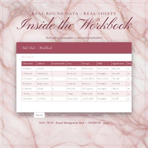 May include: A digital workbook interface for nail technicians featuring a table titled Nail Tech - Workbook with columns for client name, address, round number, area, set type, infill, appointment, and price. The background is a pink marble texture.