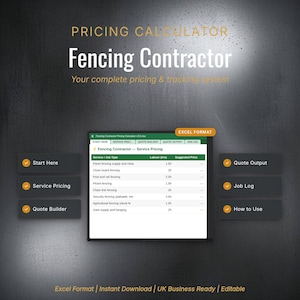 May include: A digital graphic for a fencing contractor pricing calculator. The image features a spreadsheet with service types and labour hours. Buttons include 'Start Here', 'Service Pricing', 'Quote Builder', 'Quote Output', 'Job Log', and 'How to Use'.