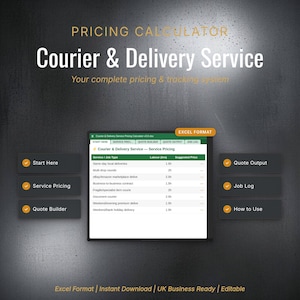 May include: A digital graphic promoting a courier and delivery service pricing calculator. The image features a spreadsheet with service pricing details, along with buttons for 'Start Here', 'Service Pricing', 'Quote Builder', 'Quote Output', 'Job Log', and 'How to Use'.