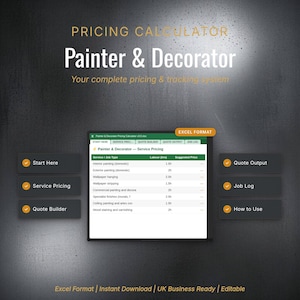 Può includere: Un calcolatore di prezzi digitale per imbianchini e decoratori. L'immagine presenta un foglio di calcolo con i prezzi dei servizi, tra cui pittura interna ed esterna. Sono visibili i pulsanti 'Start Here', 'Service Pricing' e 'Quote Builder'.