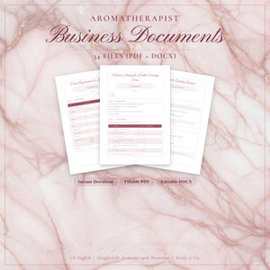 Könnte beinhalten: Ein Set von Aromatherapie-Geschäftsdokumenten mit 34 Dateien in PDF- und DOCX-Formaten. Die Unterlagen umfassen Kundenregistrierung, medizinische Historie und Haftungsausschlüsse mit kastanienbraunem Text auf weißem Papier vor einem rosa Marmorhintergrund.