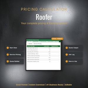 May include: A digital pricing calculator for roofers, with the title "Roofer". The image shows an Excel spreadsheet with service pricing, including labour hours and suggested prices. Buttons for "Start Here," "Service Pricing," and "Quote Builder" are visible.