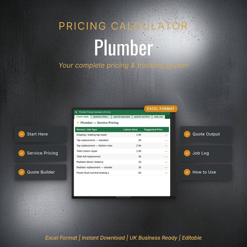 UK Plumber Pricing Calculator | Excel Spreadsheet | 25 Services ...