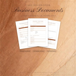 May include: A set of 17 professional UK business document templates for cake decorators, including client registration, project intake, and liability waiver forms. The documents are A4 print-ready and feature a clean, organized layout with brown accents.