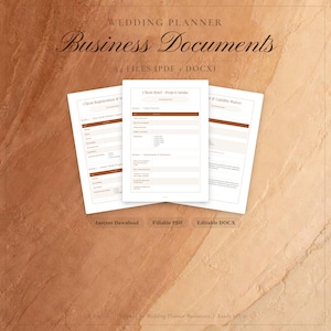 May include: A set of wedding planner business documents featuring 34 files in PDF and DOCX formats. The documents include a client registration form, a client brief and project intake form, and a liability waiver, all presented in a clean layout.