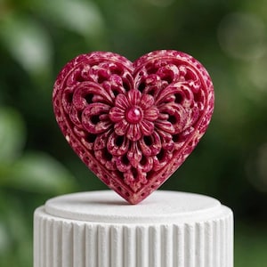 Puede incluir: Un objeto en forma de corazón de color magenta intenso con intrincados tallados de filigrana calada y un motivo floral central. La superficie muestra una apariencia texturizada y veteada con sutiles variaciones de color.