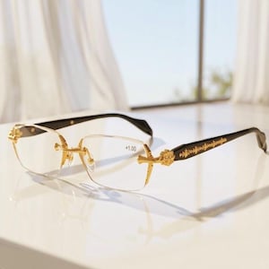 Puede incluir: Gafas de lectura sin montura con lentes transparentes que llevan impreso +1.00 en la lente derecha. La montura tiene detalles metálicos dorados en las bisagras y el puente, junto a varillas negras decoradas con patrones dorados.