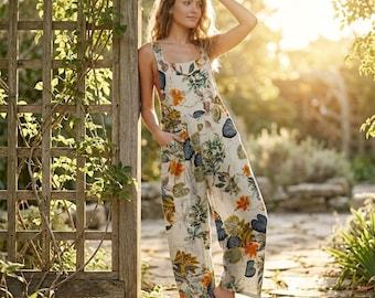 Women’s Floral Jumpsuit |  Wide Leg Overalls |  Sleeveless Loose Fit Jumpsuit with Pockets |  Summer Holiday Outfit | Boho Jumpsuit