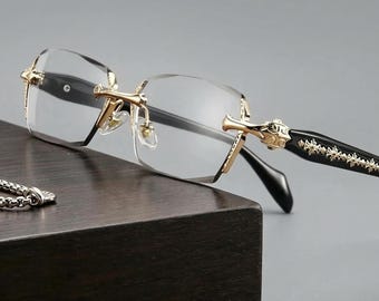 Rechteckige Brille ohne Rand | Gothic-Brille in Schwarz und Gold | Vintage-Gestell mit klaren Gläsern | Modisches Unisex-Accessoire