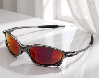 Gafas de sol metálicas para hombre / Gafas de sol metálicas Marsden Cyclops Ruby Quartz / Gafas de sol con lentes de espejo rojas