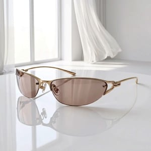 May include: Sunglasses with a thin, polished gold-tone metal frame and wrap-around style lenses. The lenses feature a light brown, semi-transparent tint. The design includes slender temples and adjustable nose pads, creating a sleek, lightweight appearance.