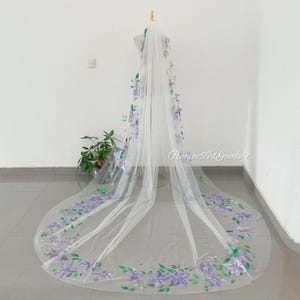 Hand-Painted Purple Clematis Wedding Veil,Cathedral Long Bridal Veil,Custom Pattern Greenery Veil.