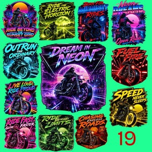 Retro 80s Neon Biker Motorcycle PNG, Synthwave Rider Graphic (Transparent Background)