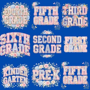 Floral Patchwork School Grade PNG Bundle, Pre-K to Fourth Grade Designs (Digital Download)
