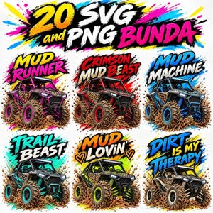Könnte beinhalten: Eine digitale Sammlung von 20 SVG- und PNG-Dateien mit Illustrationen von Geländefahrzeugen. Jede Grafik zeigt ein schlammbespritztes Fahrzeug mit Leopardenmuster, lebhaften Farbspritzern und markantem Text wie Mud Runner und Dirt Is My Therapy.