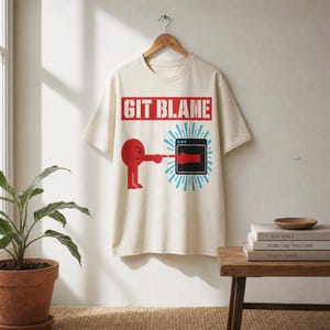 Puede incluir: Camiseta color crema con el texto "GIT BLAME" en un rectángulo rojo. Un personaje de dibujos animados rojo señala una pantalla de ordenador con un botón de encendido rojo. La pantalla está rodeada de líneas azules.