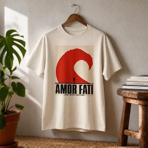 May include: Cream-colored t-shirt with a graphic design featuring a large red wave shape and the words "AMOR FATI" in black, with "LOVE WHAT HAPPENS" below. The shirt is hanging on a wooden hanger.
