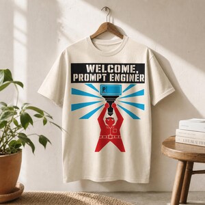 Prompt Engineer Tee · Willkommen beim Job AI Entwickler Shirt · Retro Industrial Cartoon · Werbegeschenk für Programmierer oder neue Einstellung