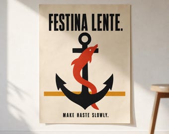 Stoic Philosophy Poster · Festina Lente Make Haste Slowly · Anchor Dolphin Aldus Manutius Emblem · Mid-Century Dorm Wall Art