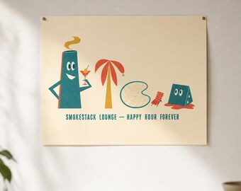 Affiche sur l'effondrement du climat · Happy hour pour toujours dans le salon cheminée · Art mural dessin animé Mid-Century moderne · Style Jim Flora Charley Harper