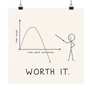 May include: A square print featuring a black line drawing of a stick figure pointing at a graph with a red curve. The vertical axis is labeled time saved and the horizontal axis is labeled time spent automating. The text WORTH IT. appears below.