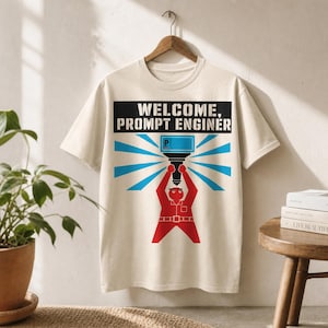 以下が含まれることがあります： 「WELCOME, PROMPT ENGINER」の黒い文字がプリントされたクリーム色のTシャツ。赤い人物が黒と青のオブジェクトを持ち、そこから青い光線が出ています。木製のハンガーにTシャツがかけられています。