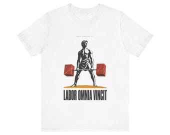 Labor Omnia Vincit Tee · Work Conquers All Gym Shirt · Statue Deadlift Latin Fitness Tee · Lifting Gift White
