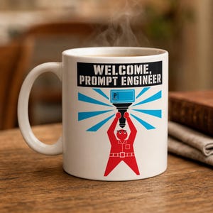 以下が含まれることがあります： 白のセラミックマグカップ。黒と赤で「WELCOME, PROMPT ENGINEER」の文字がプリントされています。マグカップには、青い光線を発する黒い物体を持った赤い人物が描かれています。マグカップには温かい飲み物が注がれています。